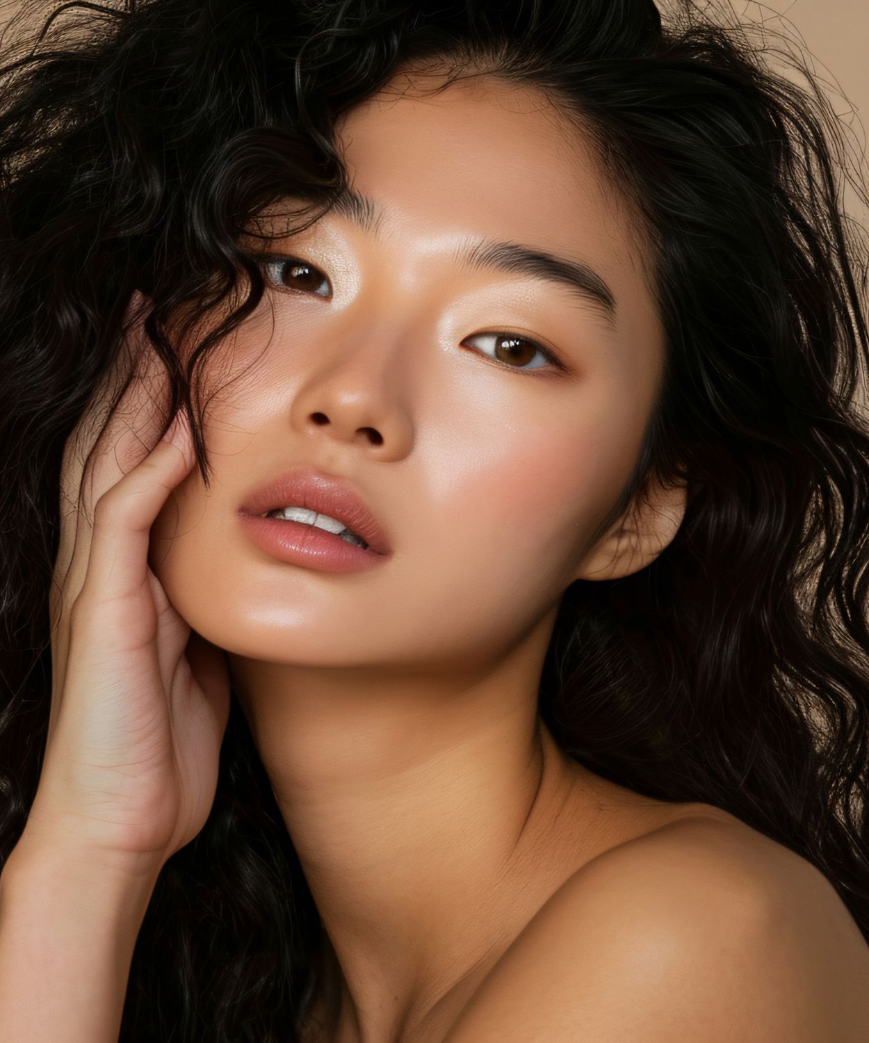   med spa patient model touching her face